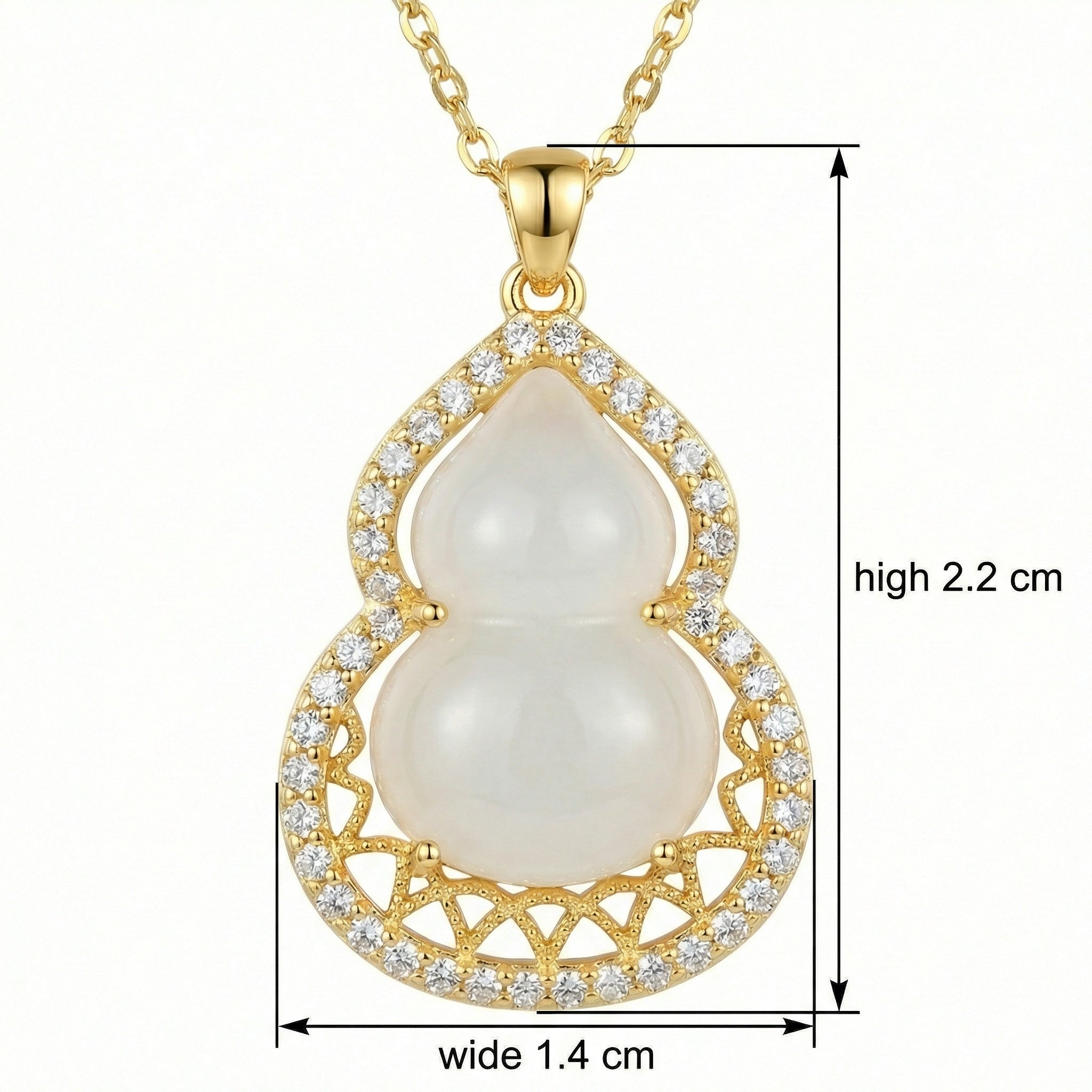Gold necklace with a pearl pendant and measurements on a white background