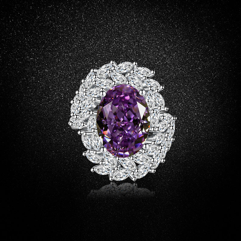 Ring with a purple gemstone and diamond-studded band on a black background