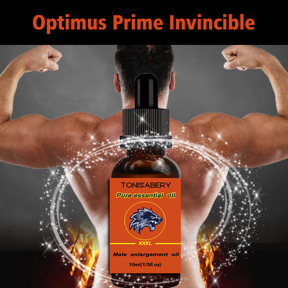 Bottle of Tonisabery pure essential oil with a muscular figure in the background