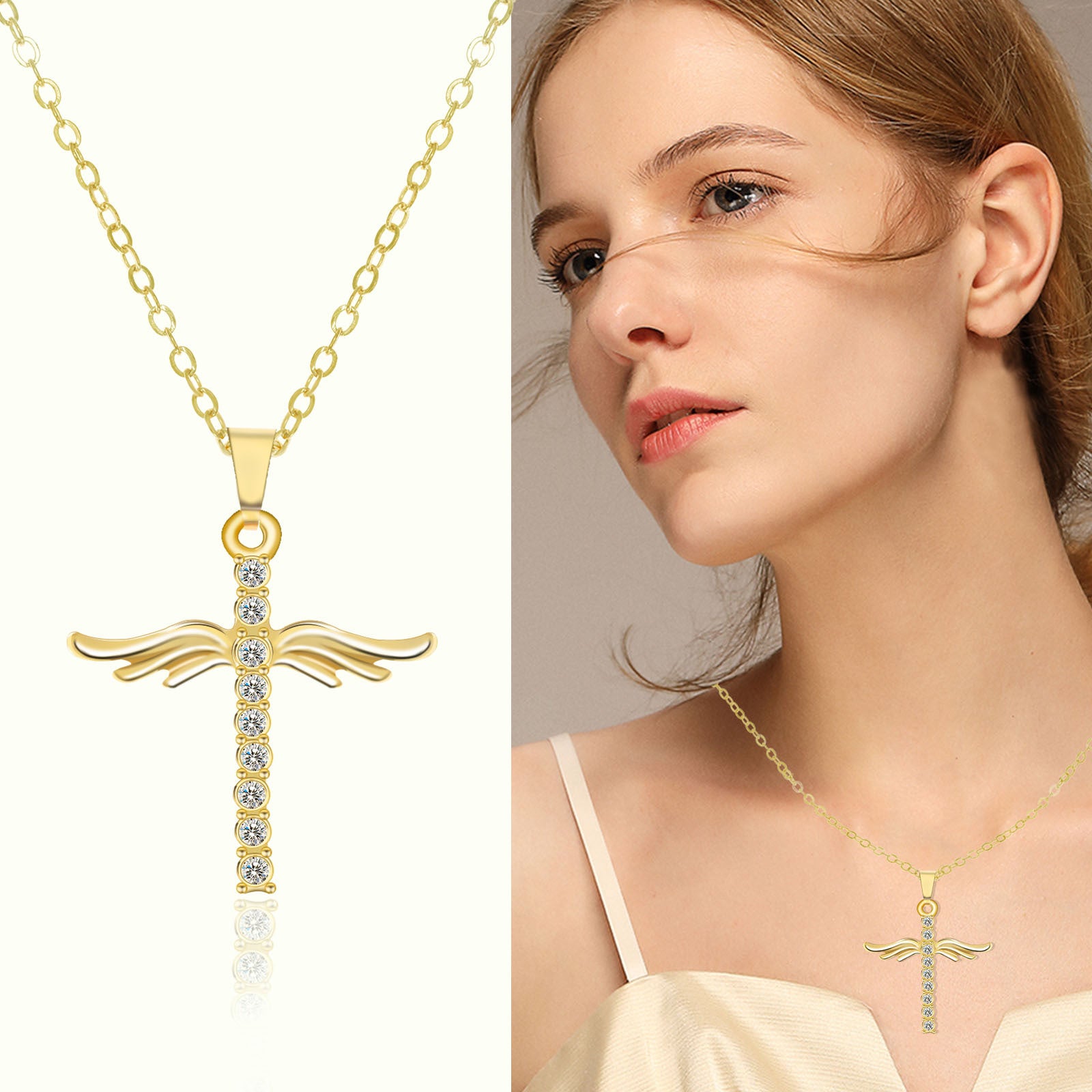 Gold cross necklace with diamond accents on a white background, next to a woman wearing the necklace.
