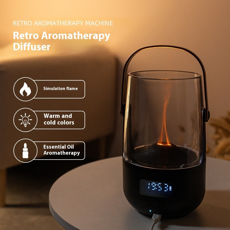Retro aromatherapy diffuser with digital display on a table, featuring simulation flame and essential oil aromatherapy.