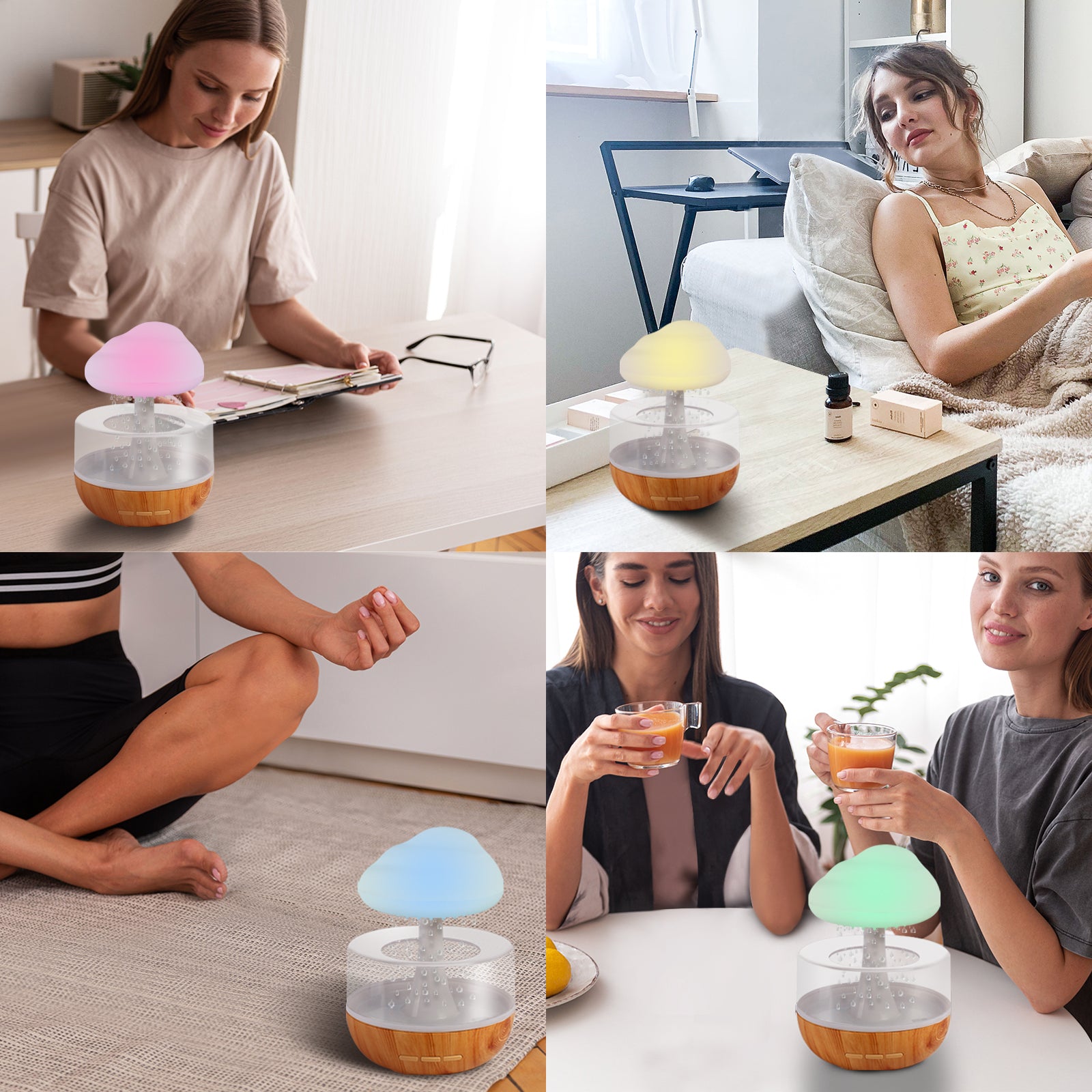 Collage of a woman using a small, portable lamp with colorful cloud design in various settings.
