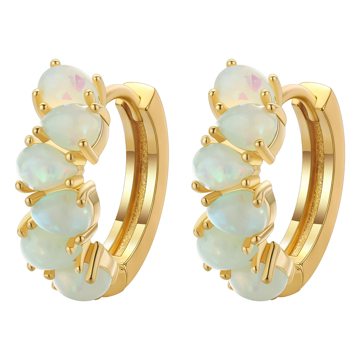Gold hoop earrings with opal stones on a white background