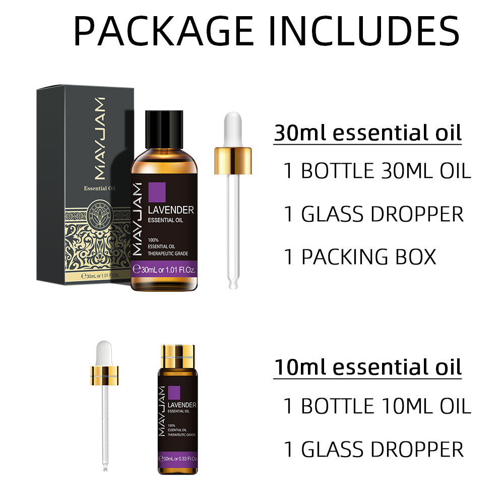 MayJam essential oil package with 30ml and 10ml bottles, glass dropper, and packaging box on a white background.