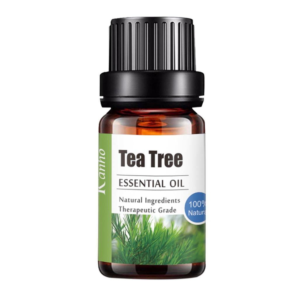 Tea tree essential oil bottle with a white label on a white background