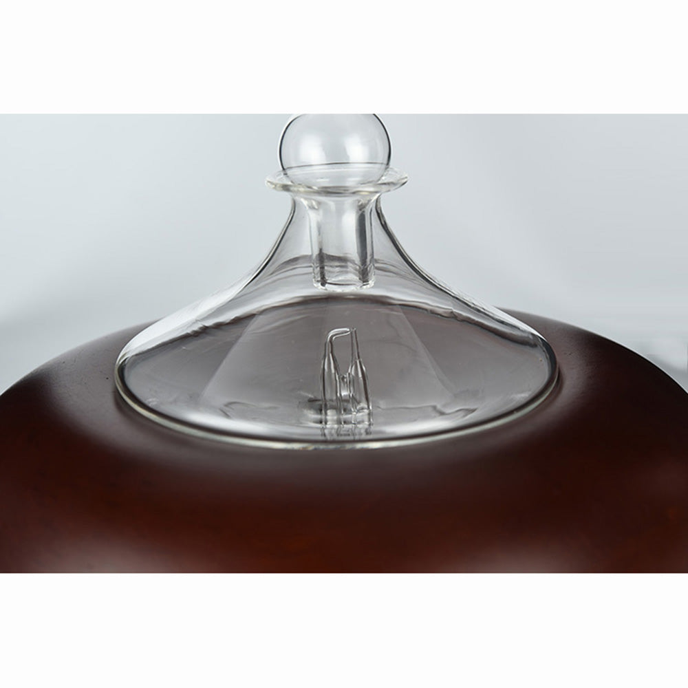 Close-up of a glass decanter with a dark liquid inside on a light gray background