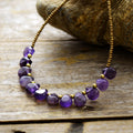Necklace with purple beads and gold accents on a wooden surface