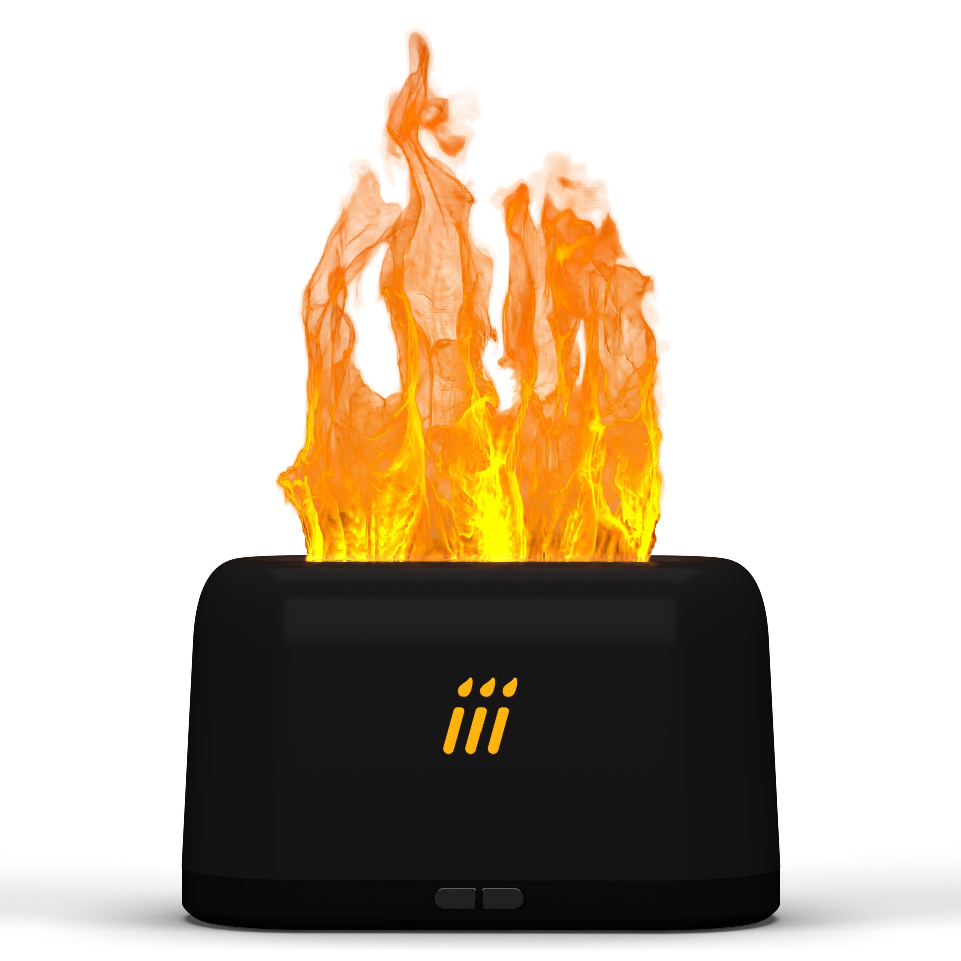 Black electronic device with flame-like display on a white background