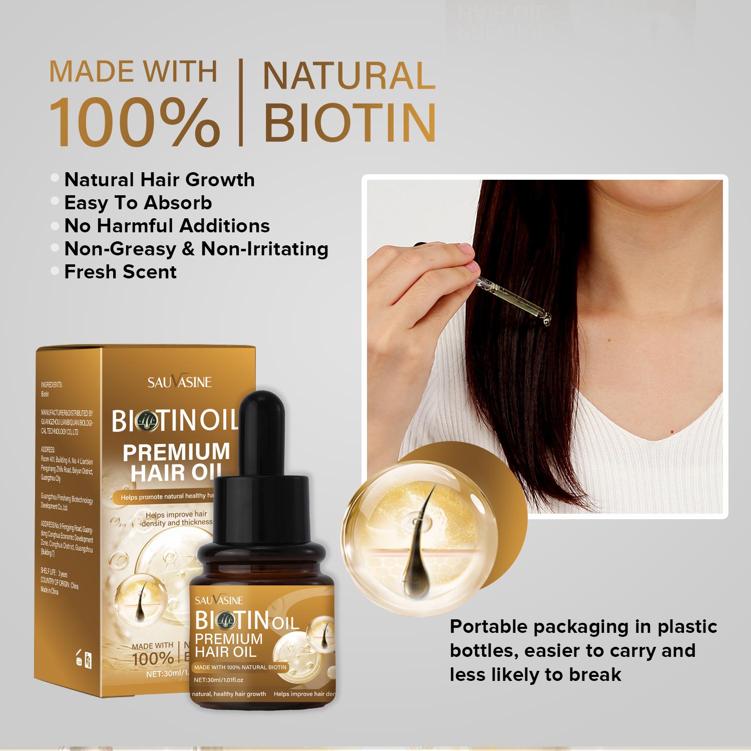 Biotin hair oil packaging with product and benefits listed on a light gray background