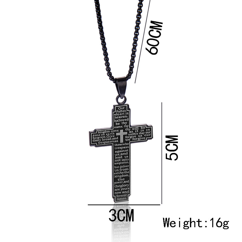 Black cross pendant necklace with measurement details on a white background