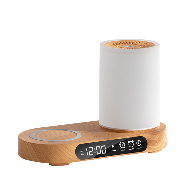 White humidifier on a wooden base with digital display on a white background
