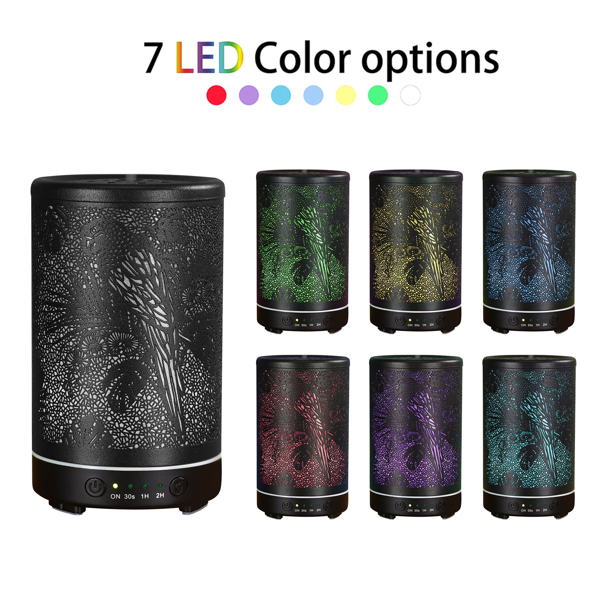 Black cylindrical light with 7 LED color options displayed above it on a white background.