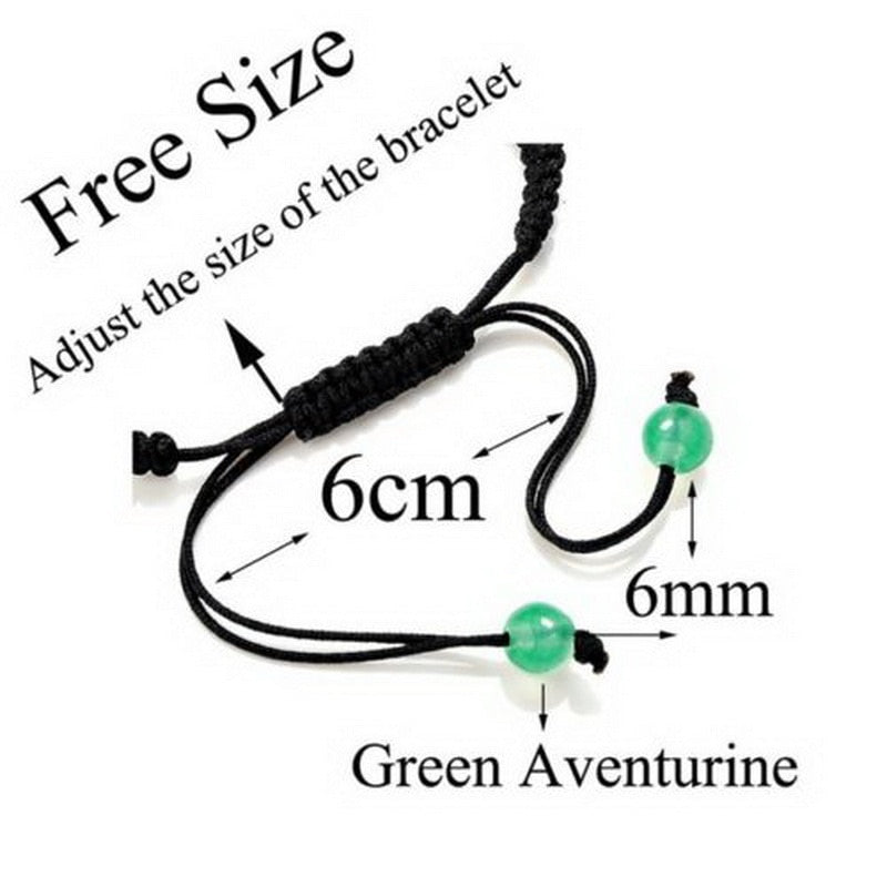 Bracelet with green aventurine beads and measurement details on a white background