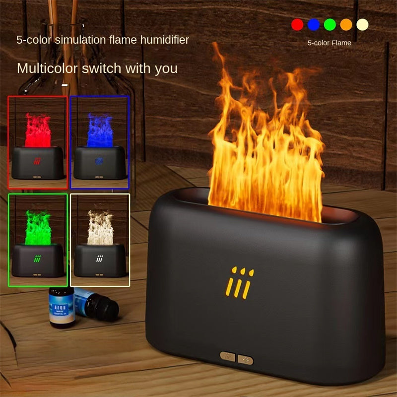 Black flame humidifier with colorful simulation flames on a wooden surface