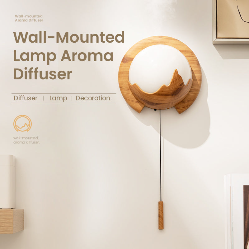 Wall-mounted lamp aroma diffuser with wooden design on a white wall.