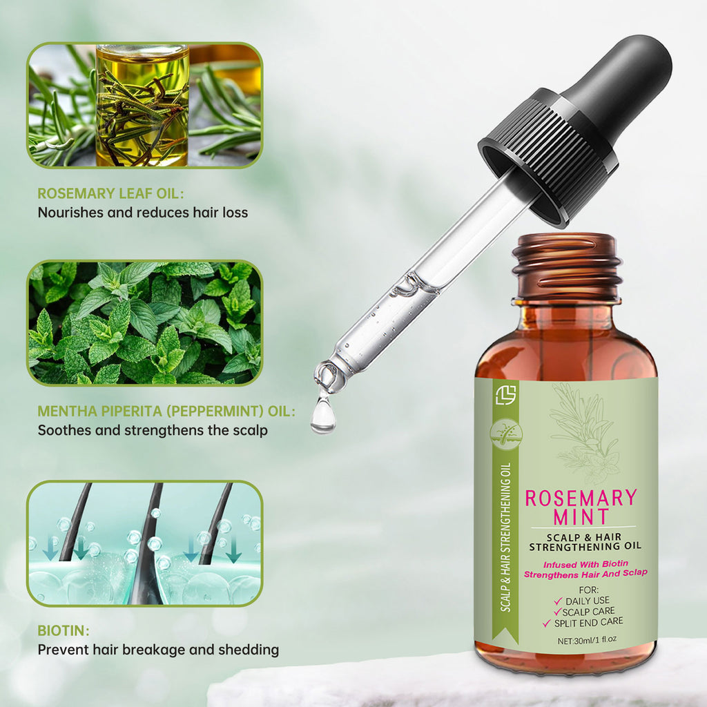 Bottle of Rosemary Mint Scalp and Hair Strengthening Oil with dropper on a light green background