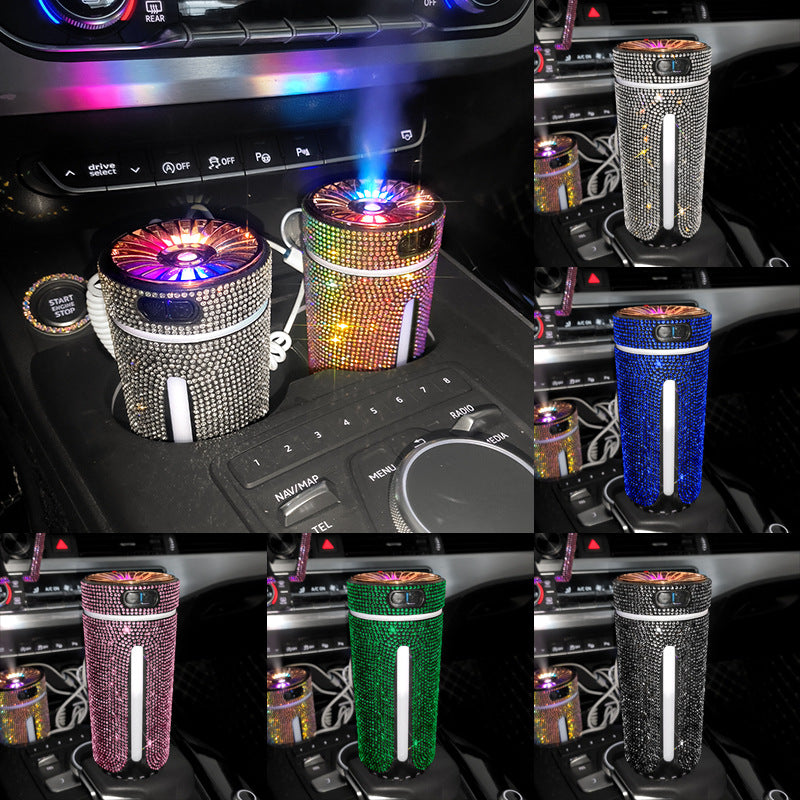 Collage of car cup holders with colorful lights and rhinestone embellishments.