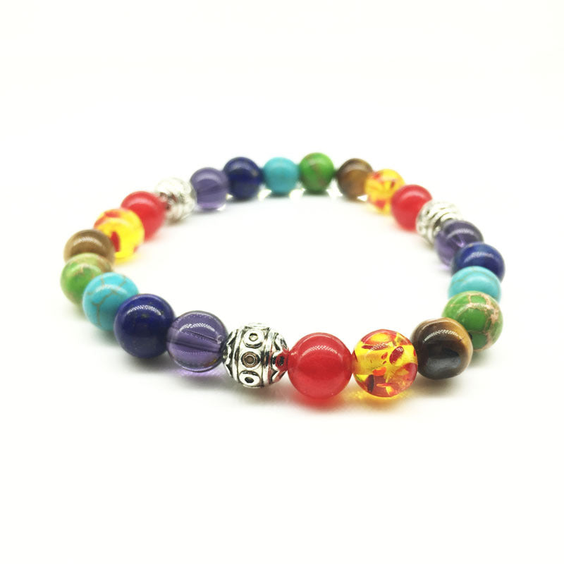 Multicolored beaded bracelet on a white background