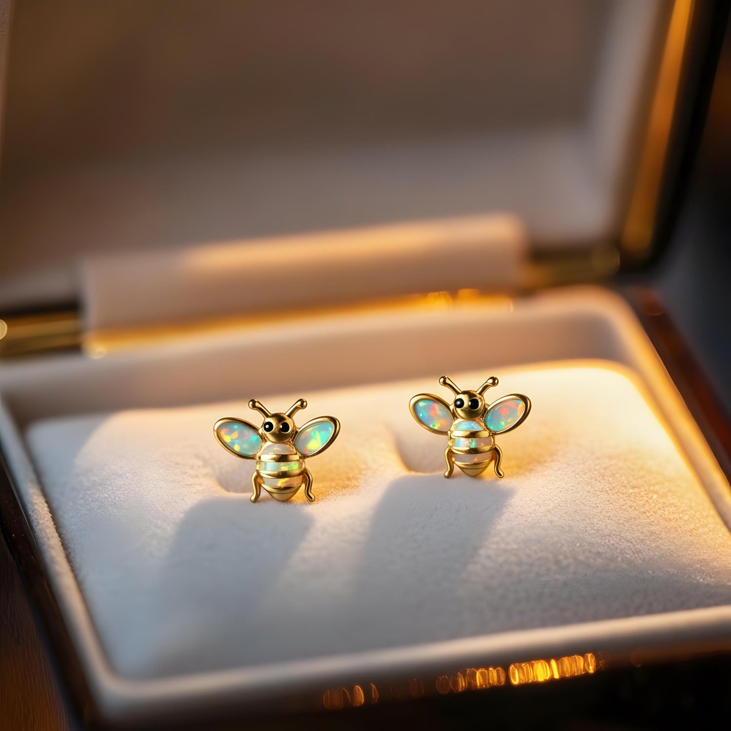 Gold bee-shaped earrings in a jewelry box