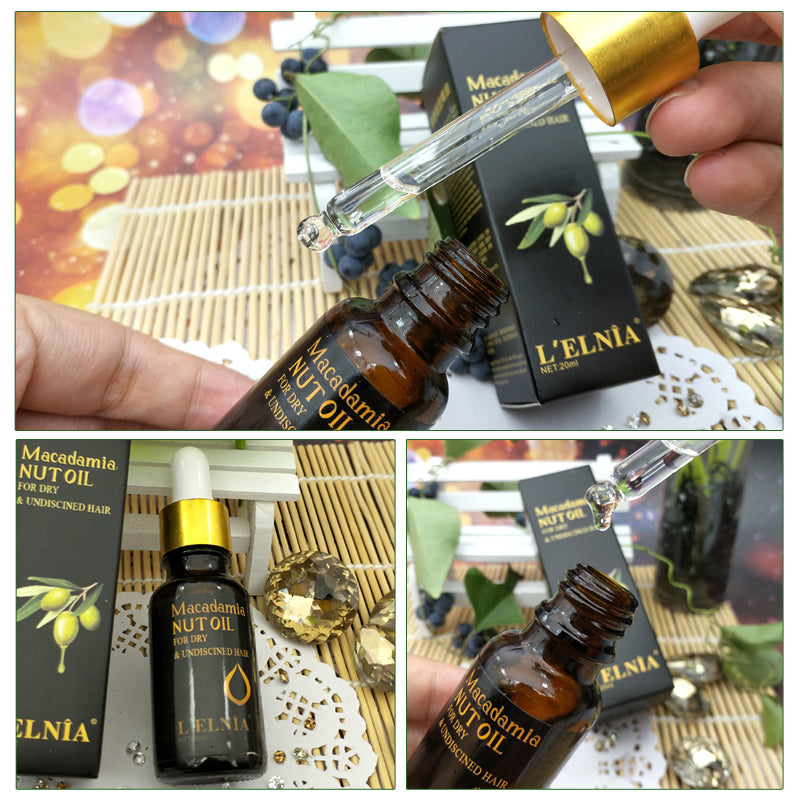 Collage of L'ELNIA Macadamia Nut Oil with dropper and packaging on a decorative background.