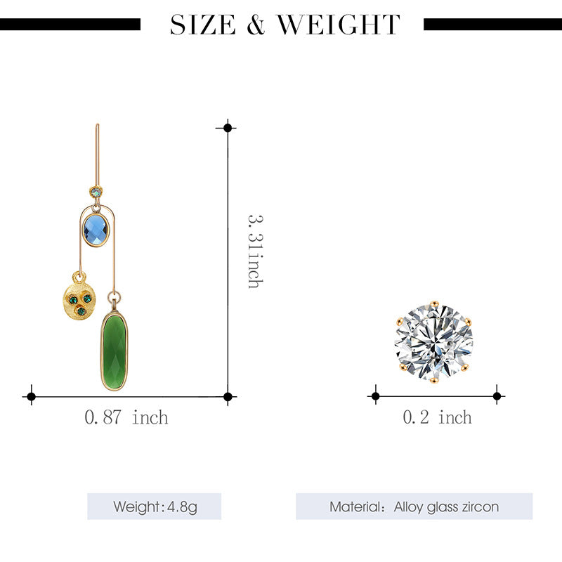 Measurement chart comparing an earring and a gemstone, with text indicating size and weight.
