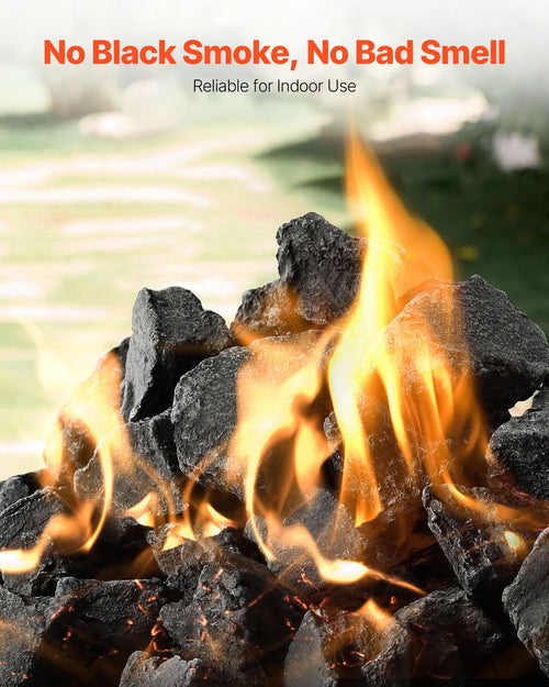Charcoal with flames and text 'No Black Smoke, No Bad Smell' on a blurred outdoor background