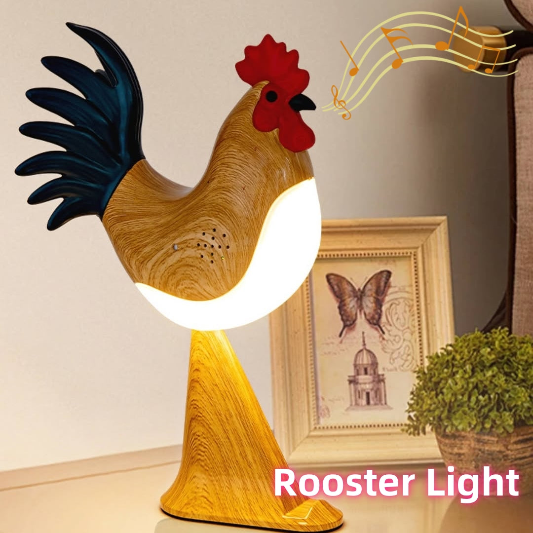 Rooster-shaped light with musical notes on a decorative background
