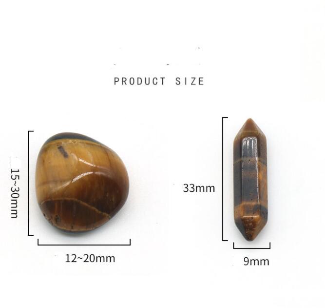 Two tiger eye stones with measurements on a white background