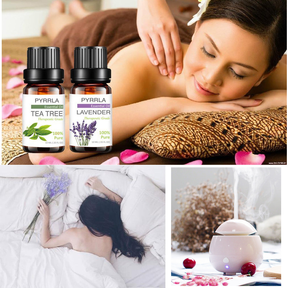Collage of a woman receiving a massage, essential oil bottles, a diffuser, and a woman lying down with lavender.