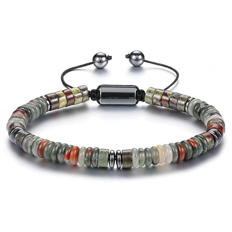 Multicolored beaded bracelet with a silver clasp on a white background