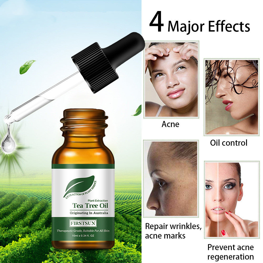 Tea tree oil bottle with dropper and images of its effects on skin.