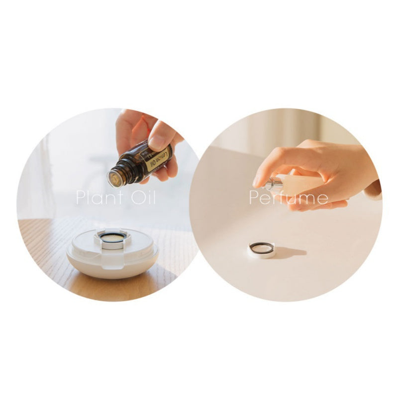 Two circular insets showing a hand adding plant oil and perfume to a diffuser.