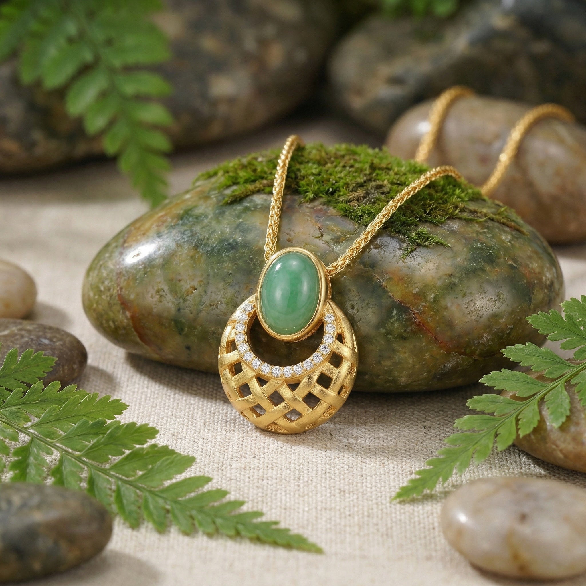 Gold necklace with a green pendant on a stone surface with greenery
