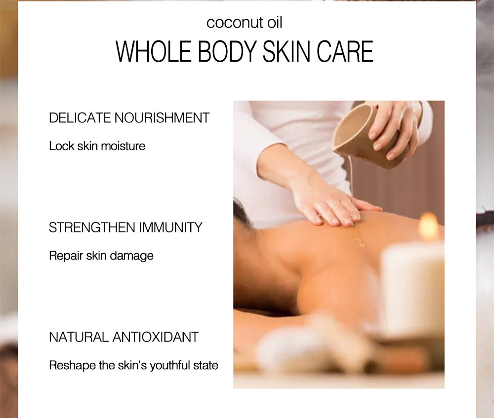 Coconut oil whole body skin care with text on benefits and a person applying oil.