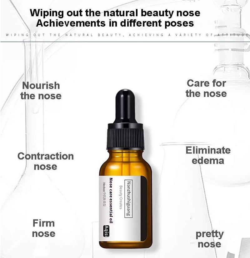 Brown dropper bottle with black cap on a white background with text about nose care.