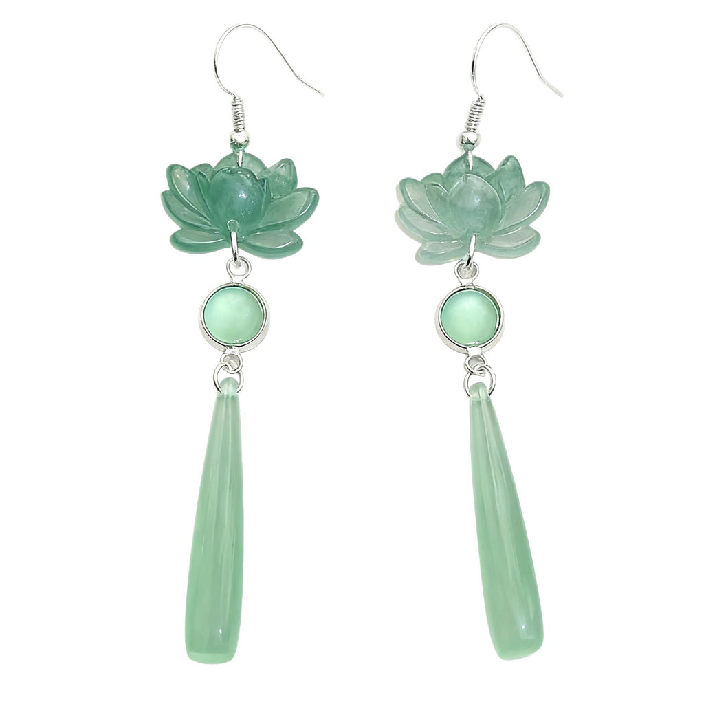 Green lotus flower earrings with teardrop-shaped drops on a white background