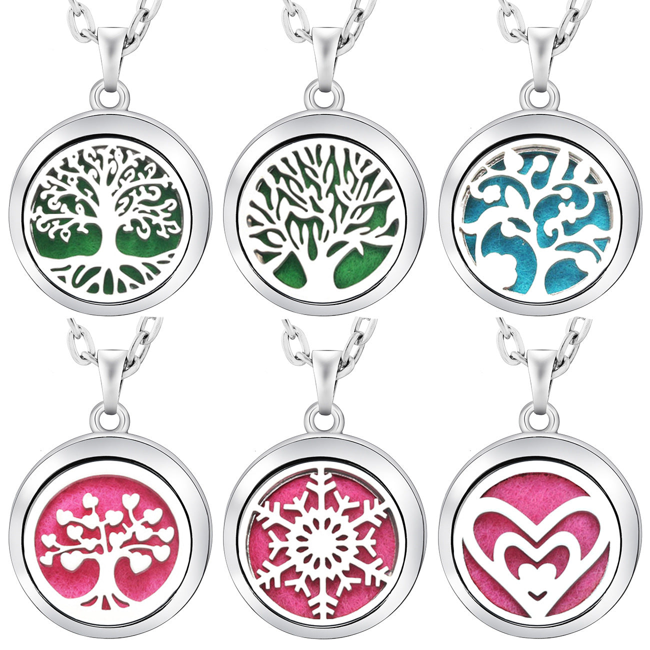 Set of five silver necklaces with circular pendant designs on a white background