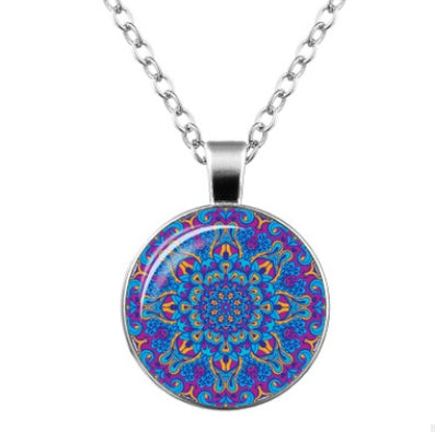 Necklace with a colorful mandala pendant on a white background