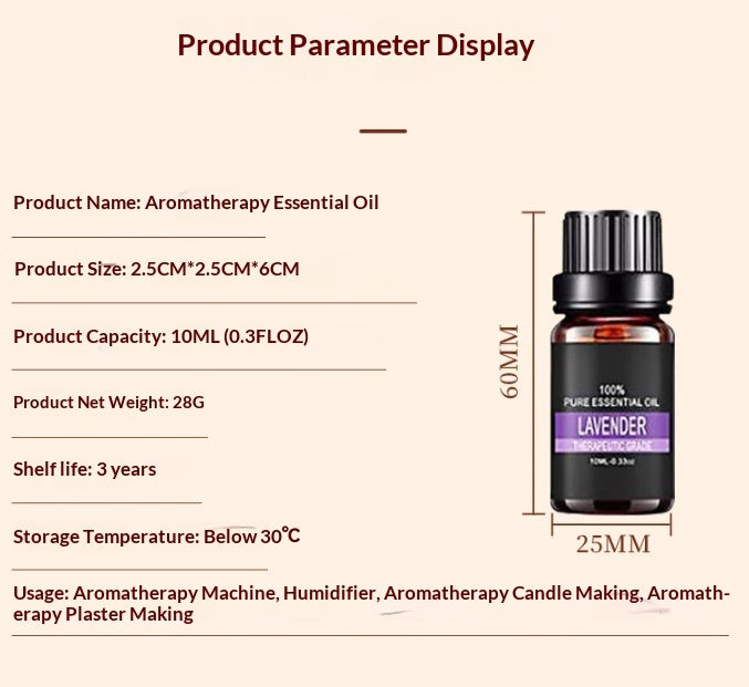 Aromatherapy essential oil bottle with product details on a white background