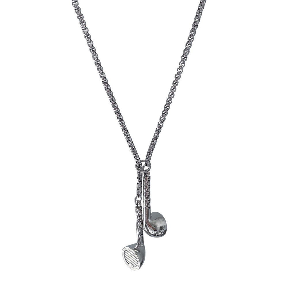 Silver necklace with a golf club and ball pendant on a white background