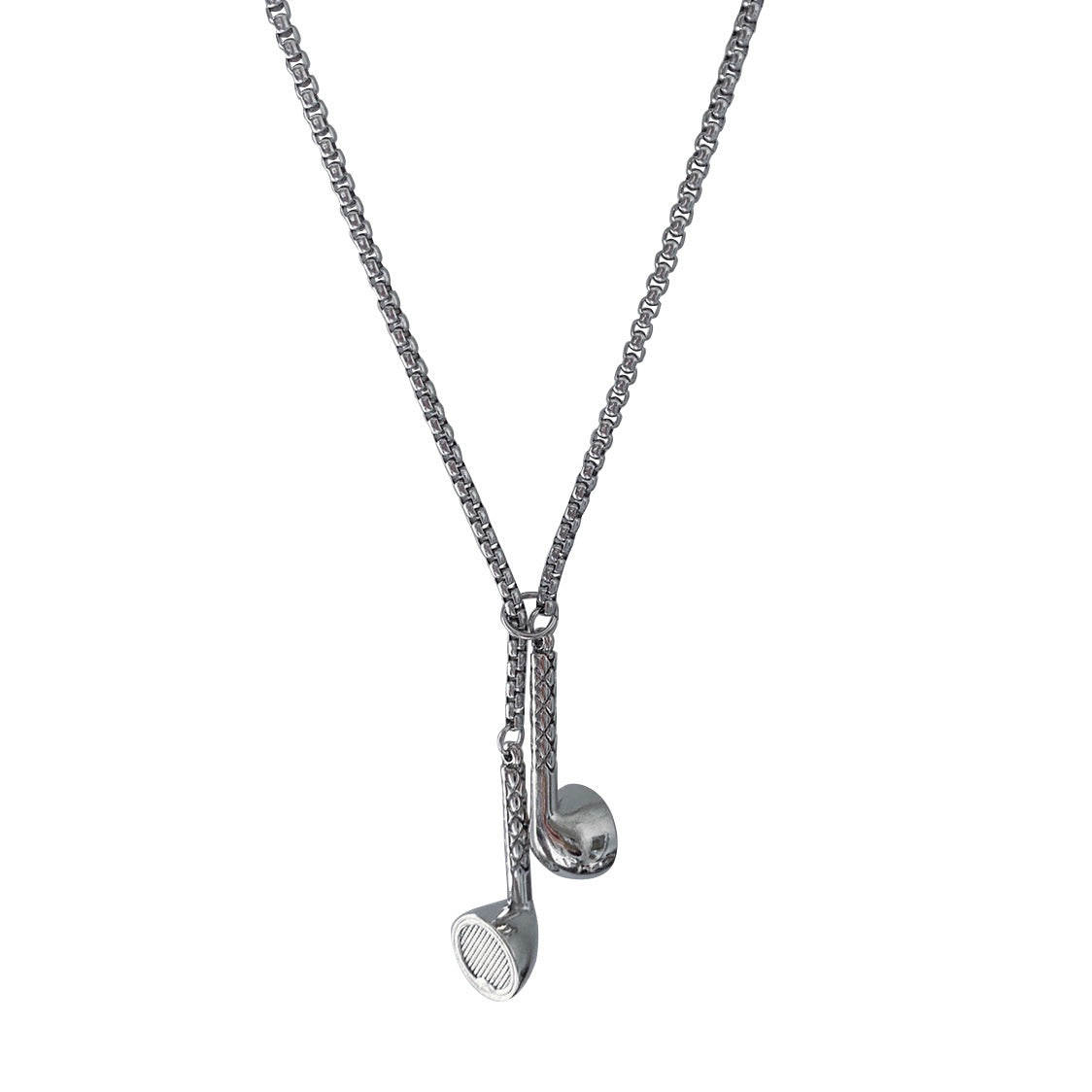 Silver necklace with a golf club and ball pendant on a white background