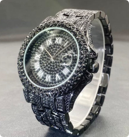 Luxury watch with diamond-studded band on a gray background