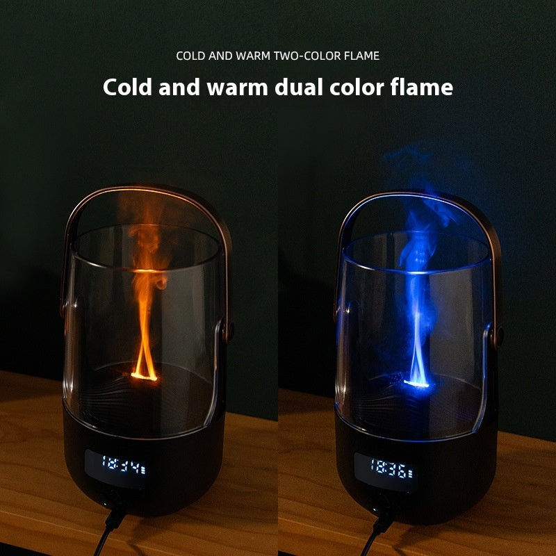 Two flameless candle lights with digital displays on a wooden surface, one emitting a warm orange flame and the other a cool blue flame.