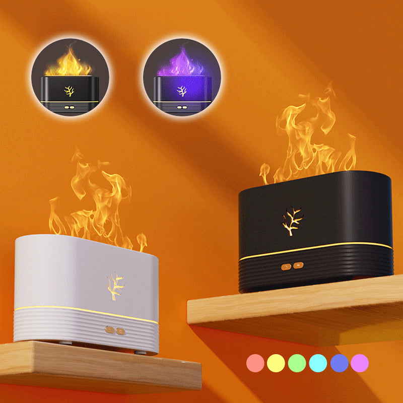 Two fire-themed humidifiers on wooden shelves with an orange background