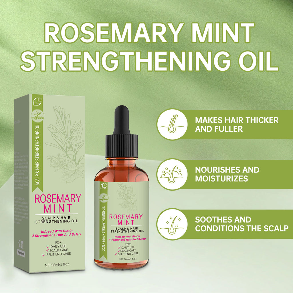 Rosemary Mint Strengthening Oil packaging and bottle on a green background