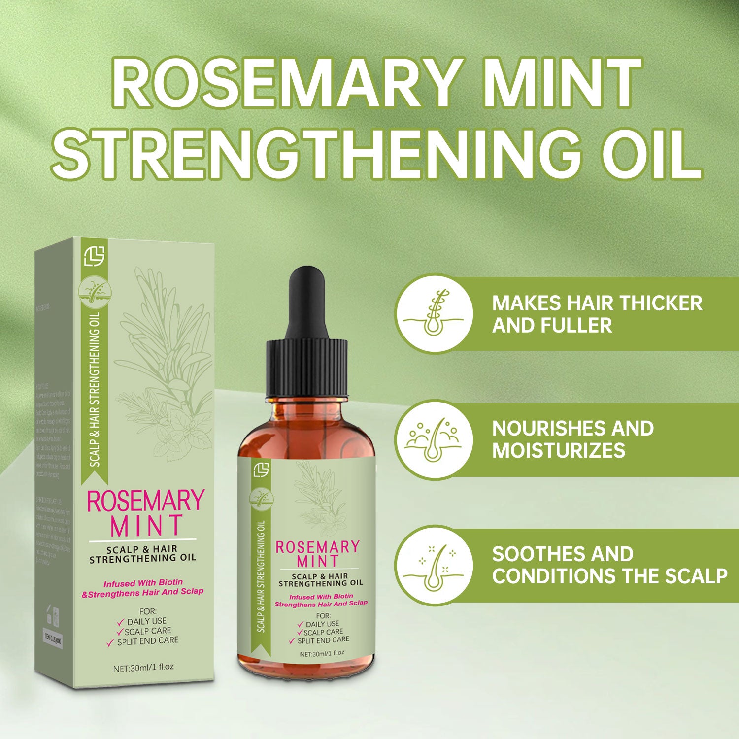 Rosemary Mint Strengthening Oil packaging and bottle on a green background