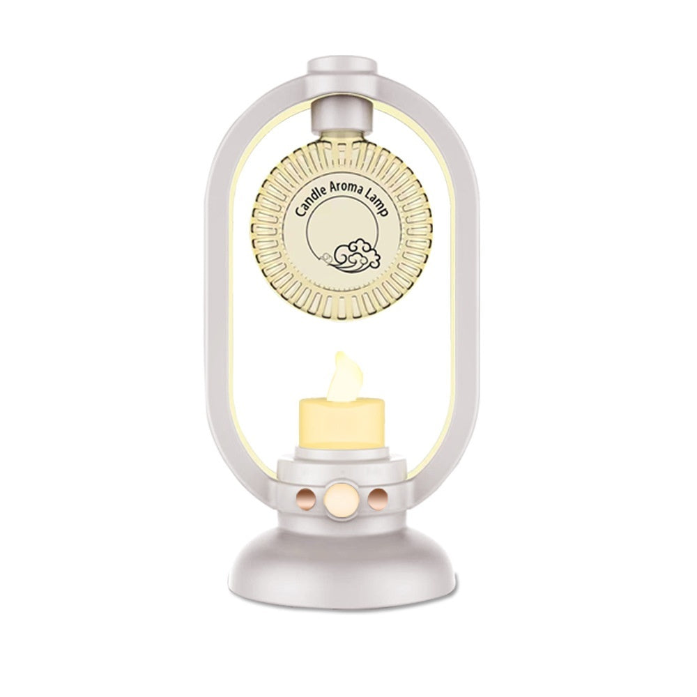 Candle aroma lamp with a lit candle inside on a white background