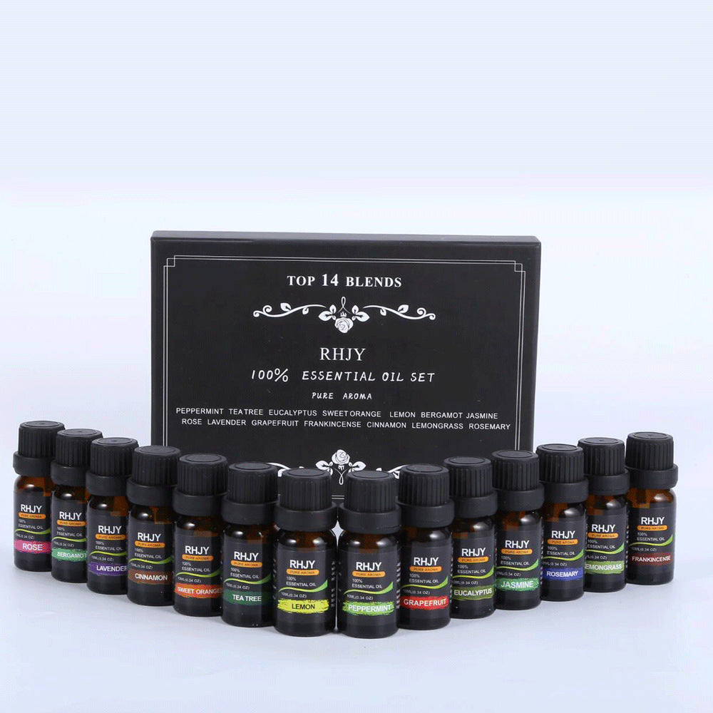 Collection of essential oil bottles with a black box labeled 'RHJY Essential Oil Set' on a white background