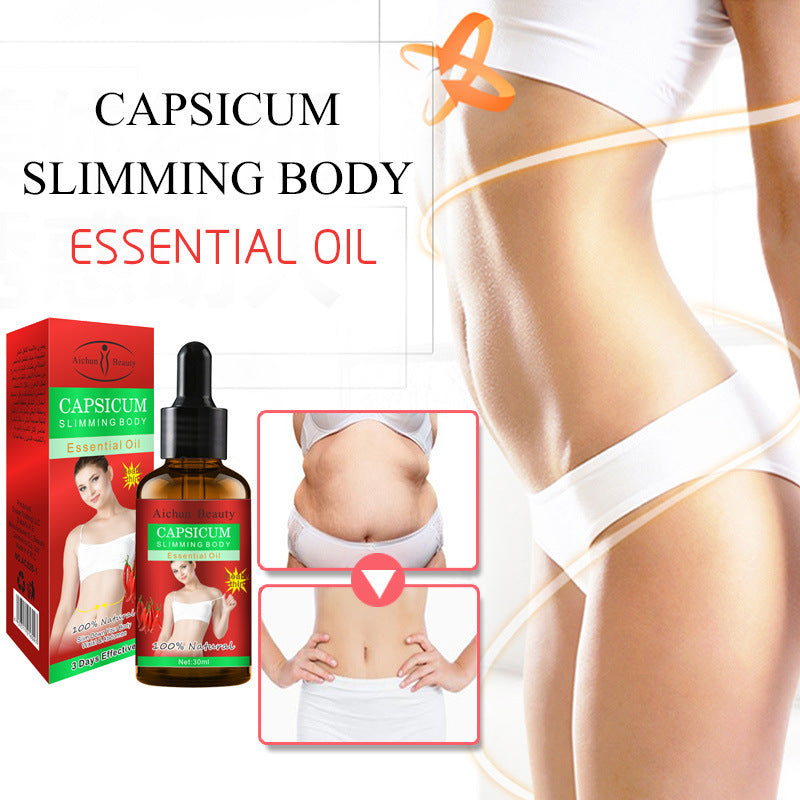 Capsicum slimming body essential oil with packaging and before-and-after images on a white background