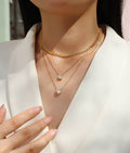 Close-up of a person wearing a gold necklace with diamond pendants.